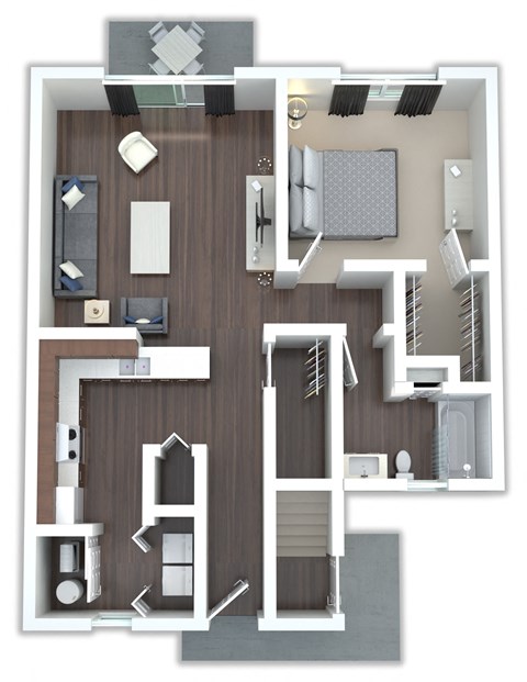 Floor plan for 1 bed, 1 bath, 750 sqft